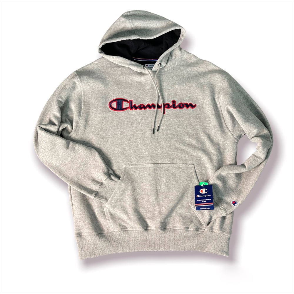 NWT Champion Powerblend Script Logo Pullover Hoodie Gray Men’s Large Sweatshirt